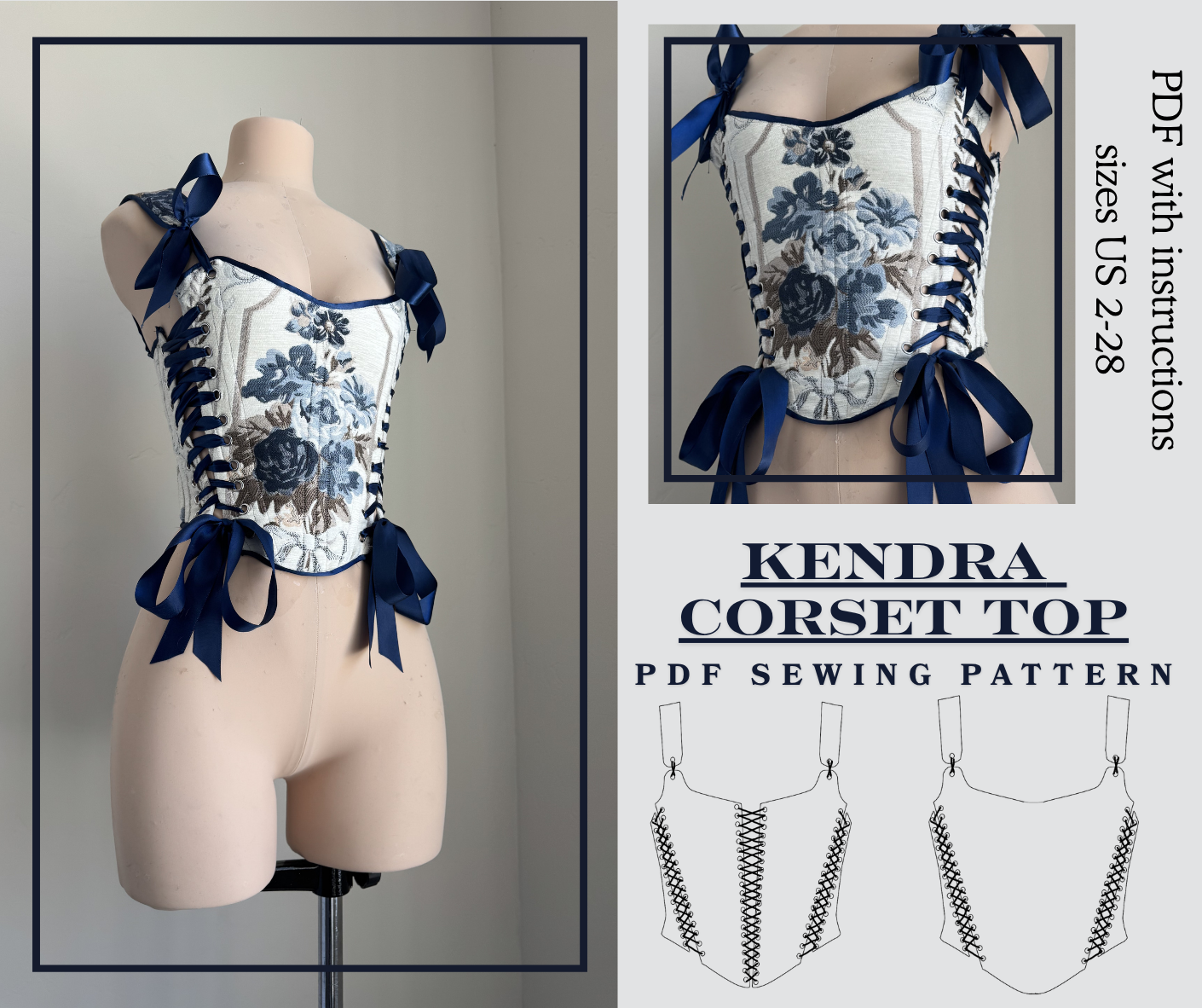 Kendra Corset Top Sewing Pattern PDF Sizes 2-28 | Upcycle Video Tutorial included