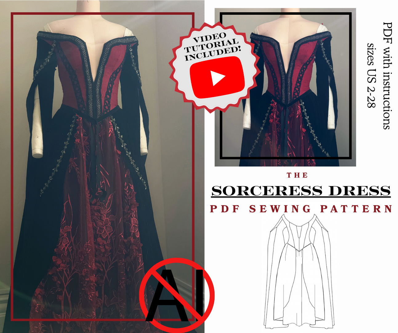 Sorceress Dress PDF Sewing Pattern With Video Tutorial Sizes 2-28